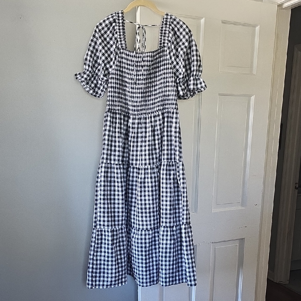 ZESICA Gingham Priarie Smocked Puff Sleeve Midi Dress L Spring Summer Dress
